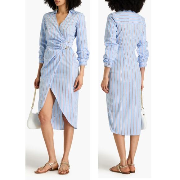 NWOT Veronica Beard Afton Striped Poplin Wrap Midi Shirt Dress Light Blue US 8 - Picture 1 of 5